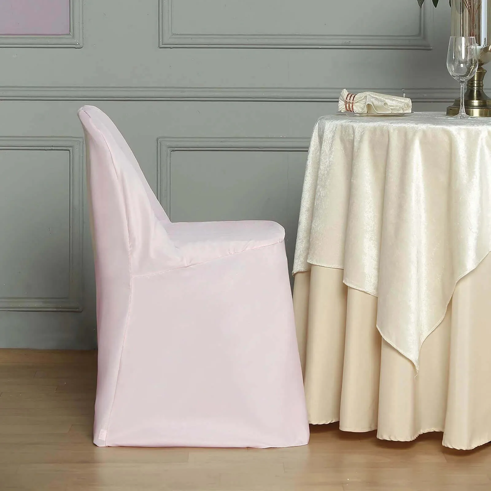 10 Pack Blush Polyester Folding Chair Covers, Reusable Stain Resistant Slip On Chair Covers