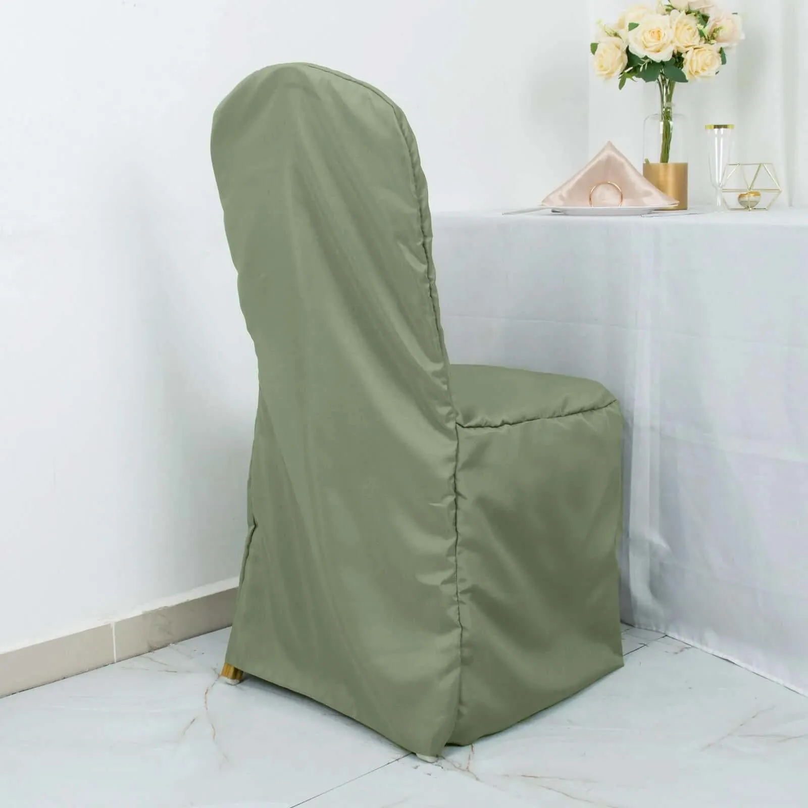 10 Pack Dusty Sage Green Polyester Banquet Chair Covers, Reusable Stain Resistant Slip On Chair Covers