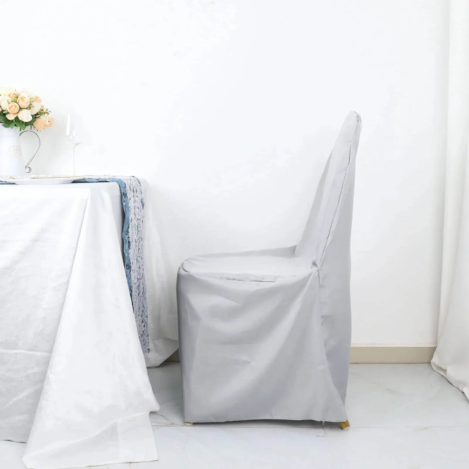 10 Pack Silver Polyester Banquet Chair Covers, Reusable Stain Resistant Slip On Chair Covers