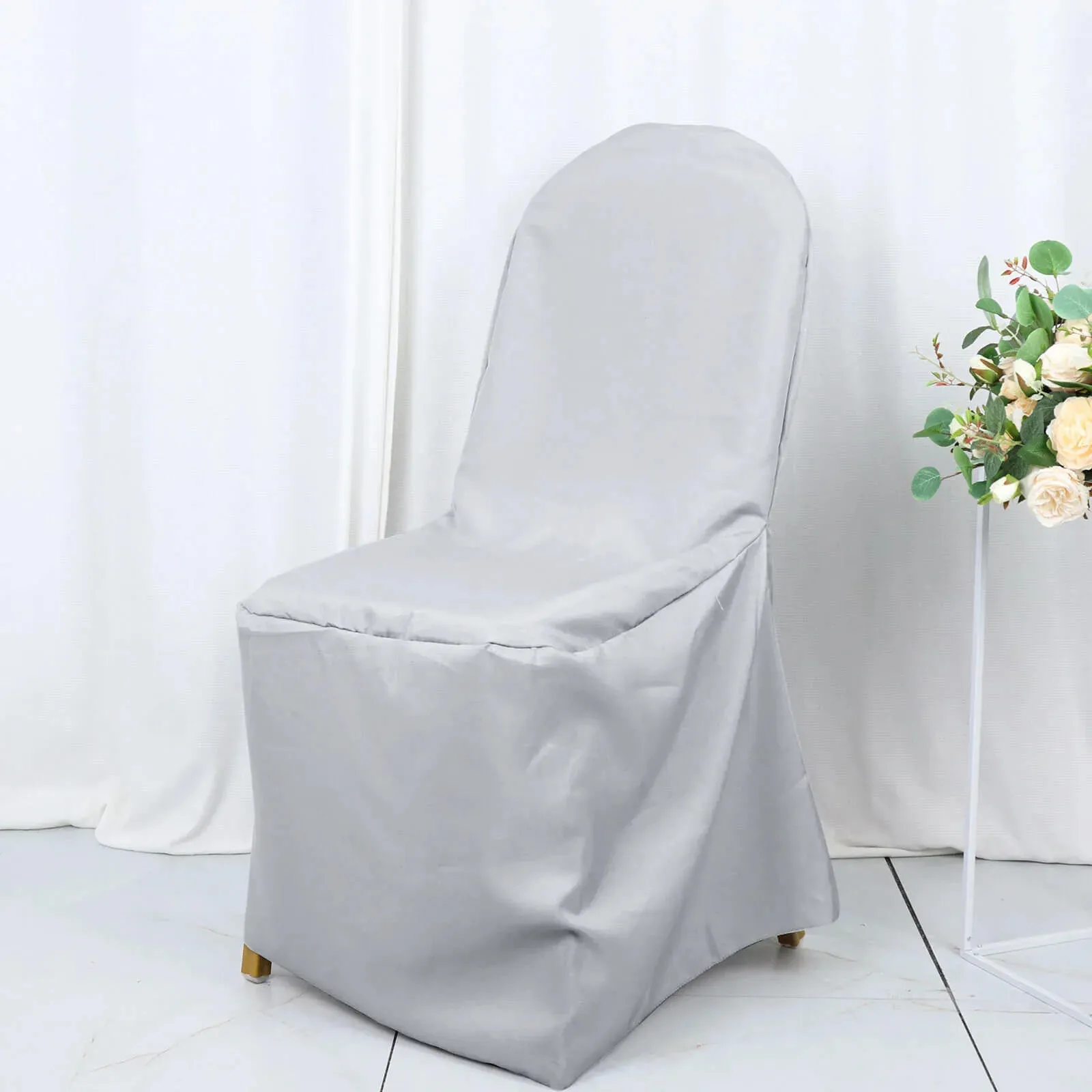 10 Pack Silver Polyester Banquet Chair Covers, Reusable Stain Resistant Slip On Chair Covers