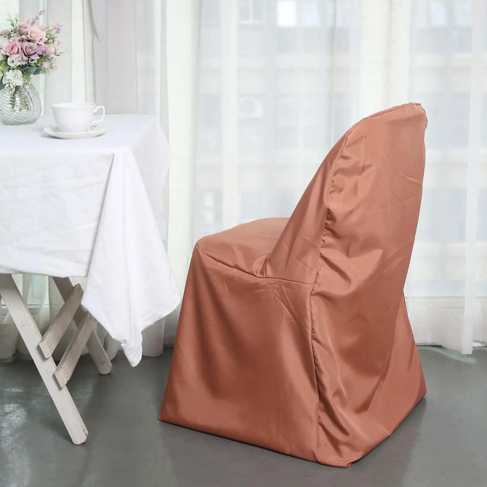 10 Pack Terracotta (Rust) Polyester Folding Chair Covers, Reusable Stain Resistant Slip On Chair Covers