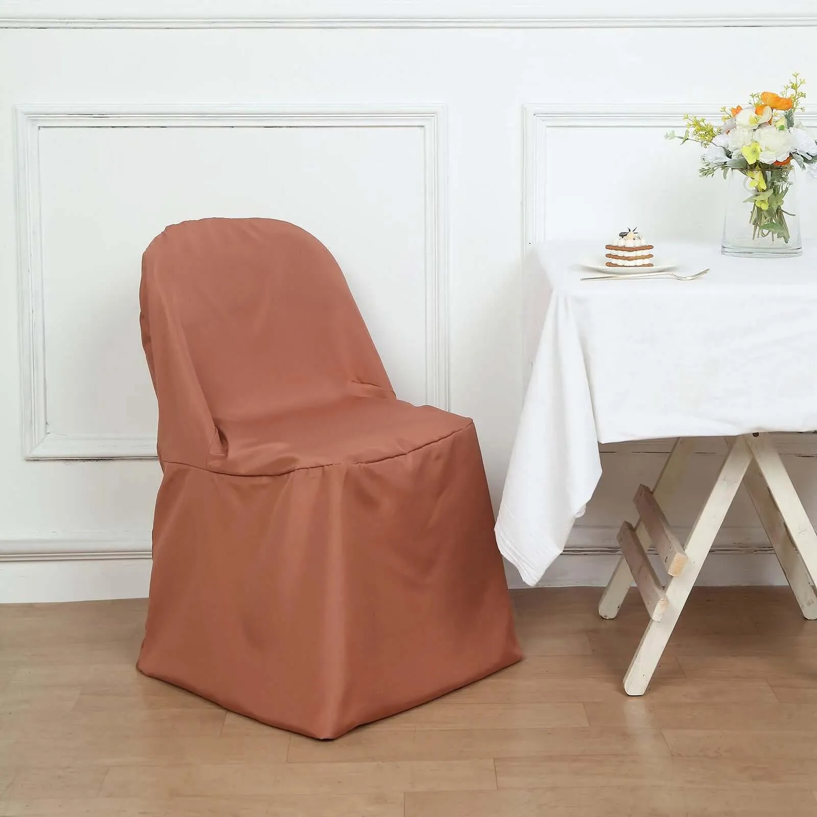 10 Pack Terracotta (Rust) Polyester Folding Chair Covers, Reusable Stain Resistant Slip On Chair Covers