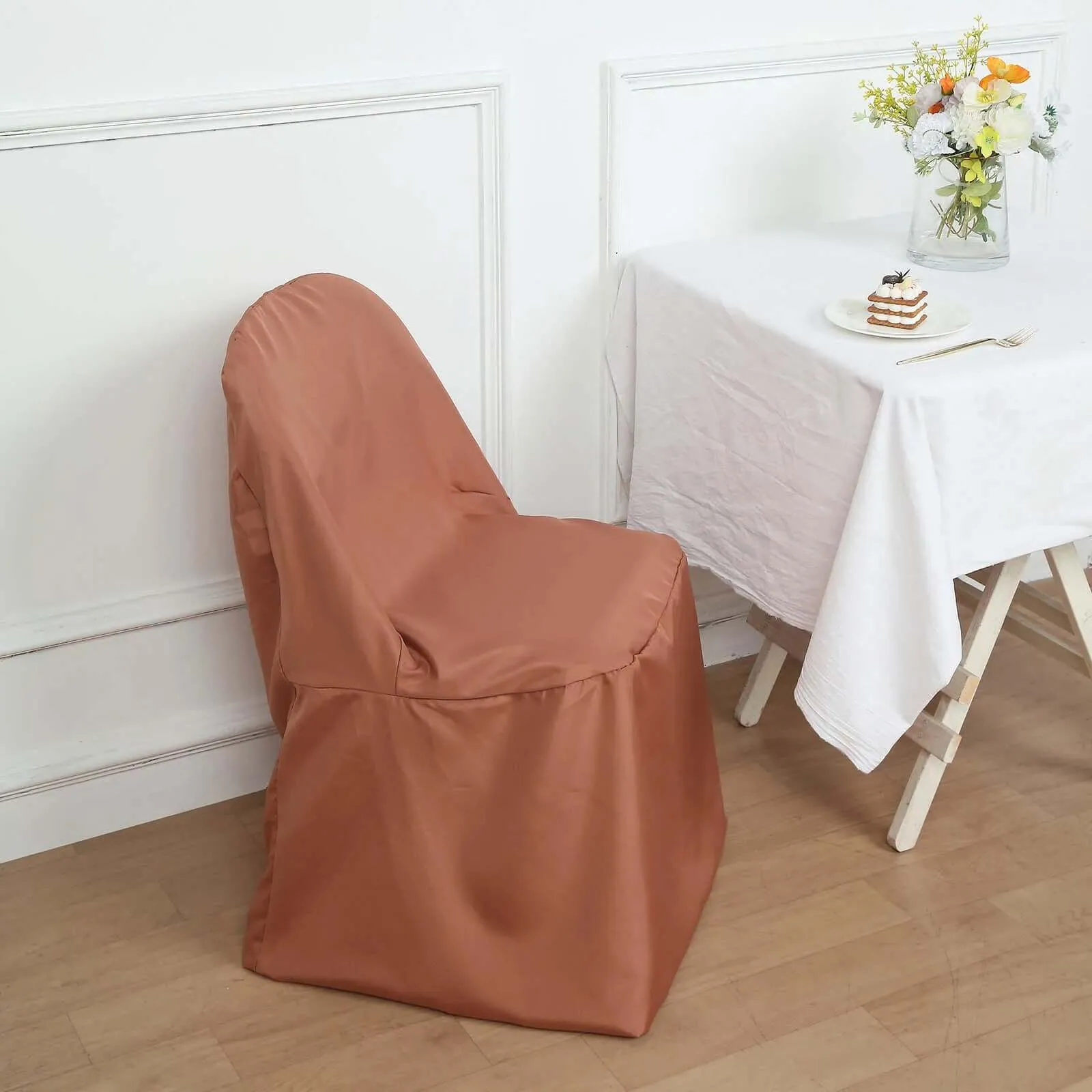 10 Pack Terracotta (Rust) Polyester Folding Chair Covers, Reusable Stain Resistant Slip On Chair Covers