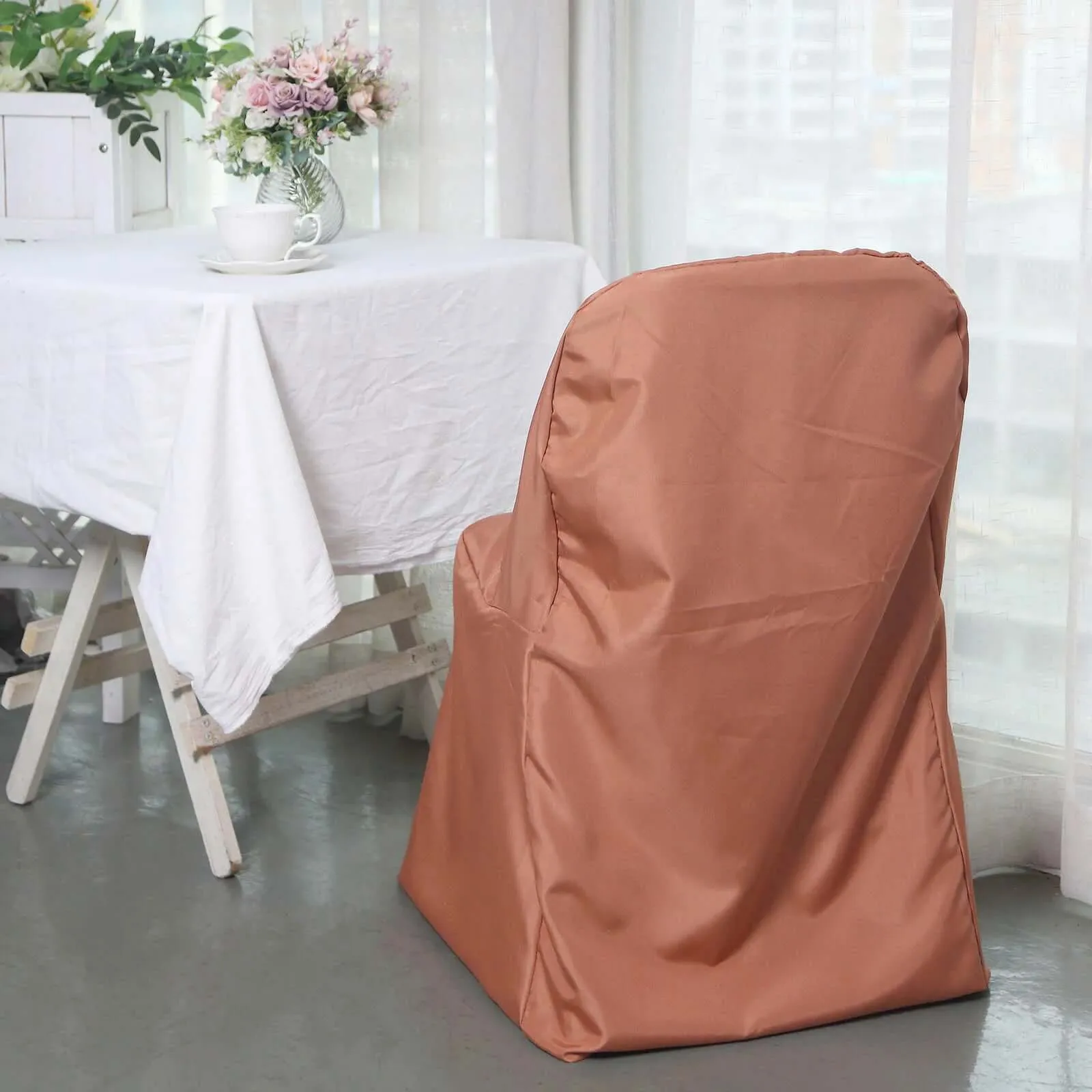 10 Pack Terracotta (Rust) Polyester Folding Chair Covers, Reusable Stain Resistant Slip On Chair Covers