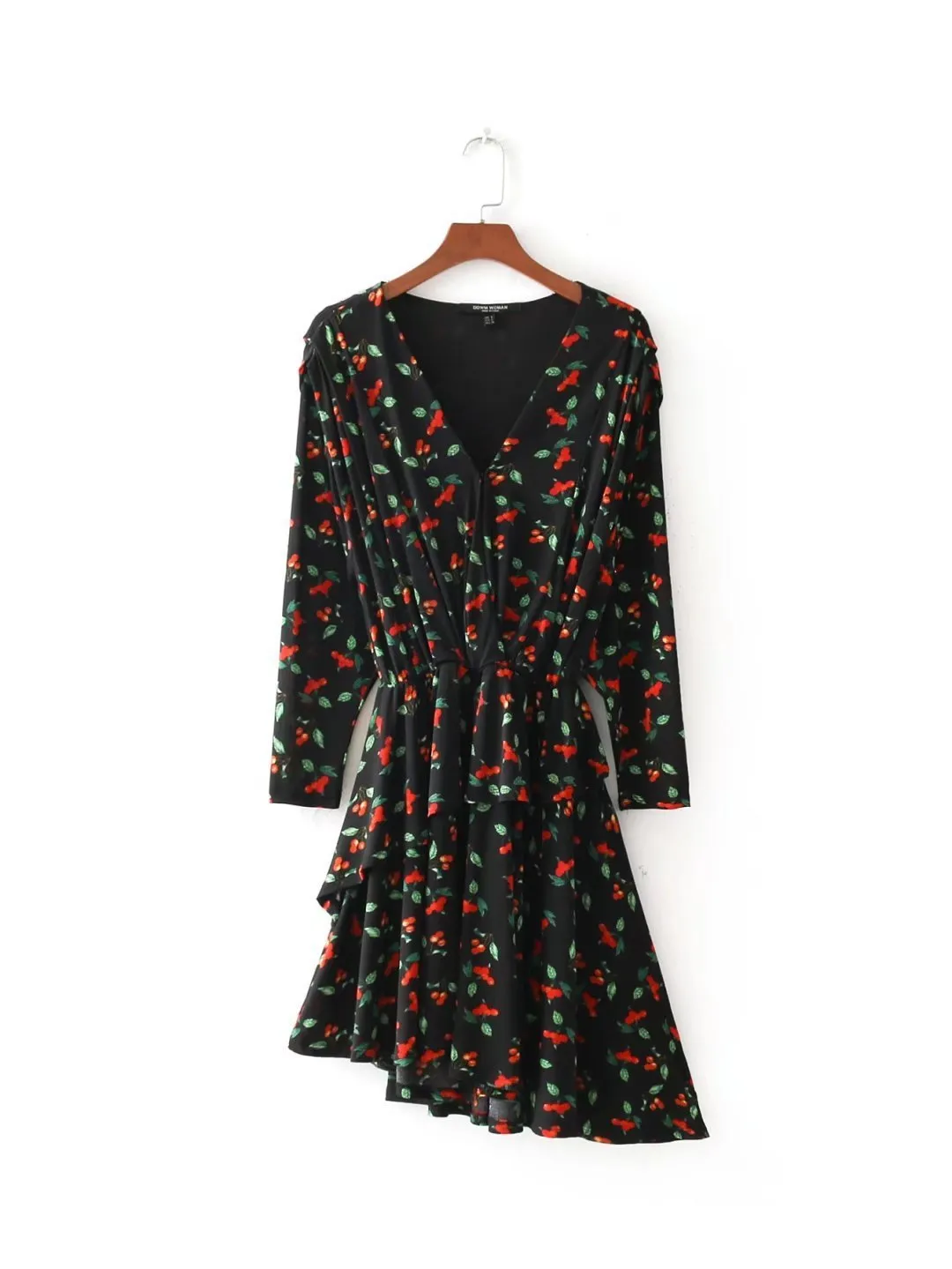 2018 V-neck waist irregular floral dress spring new long-sleeved dress