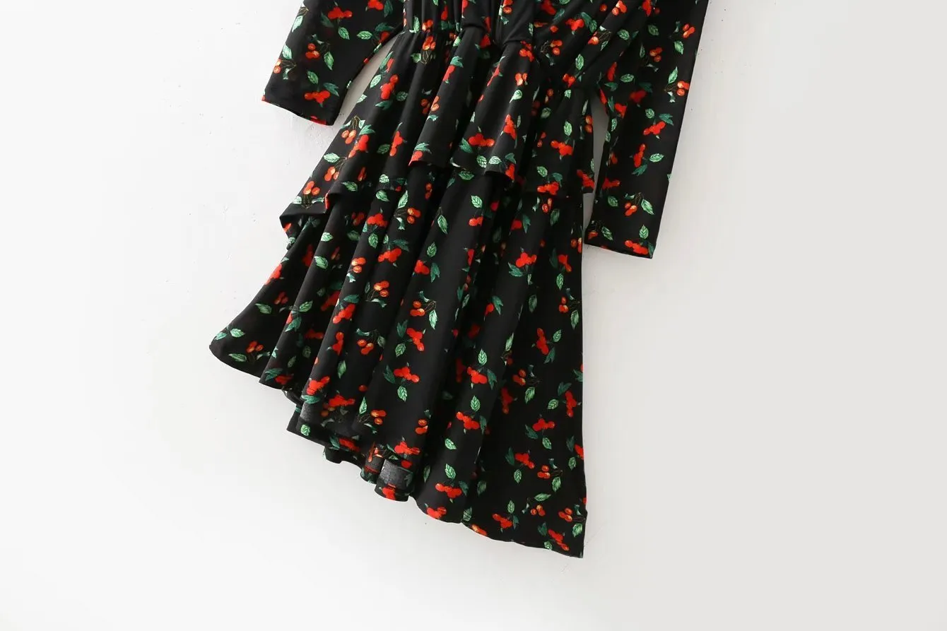 2018 V-neck waist irregular floral dress spring new long-sleeved dress