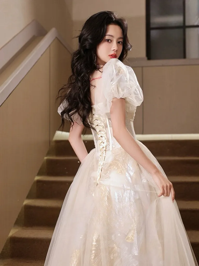 A-Line Puff Sleeves Tulle Lace Champagne Long Prom Dress