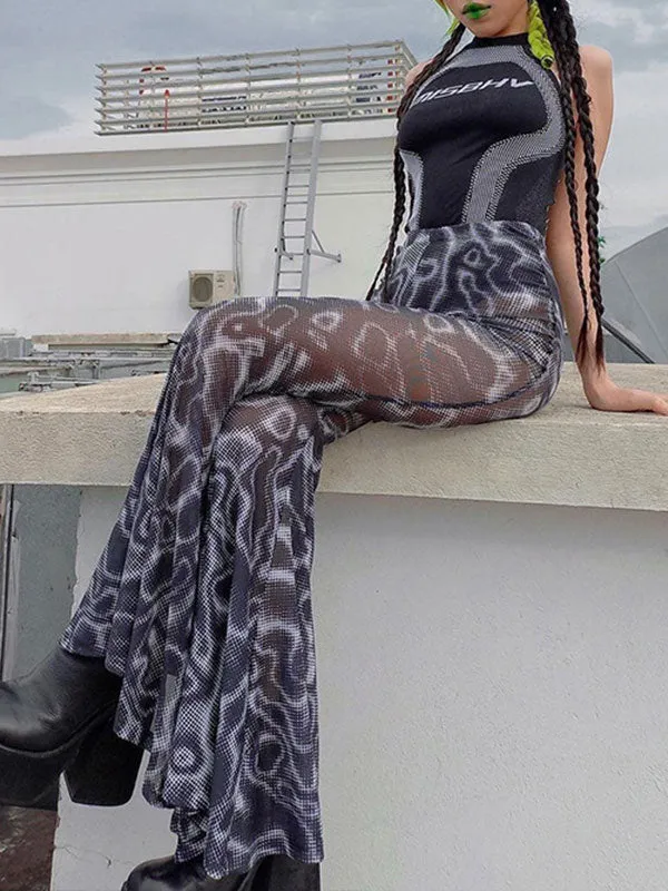 Abstract Print See Through Flared Pants