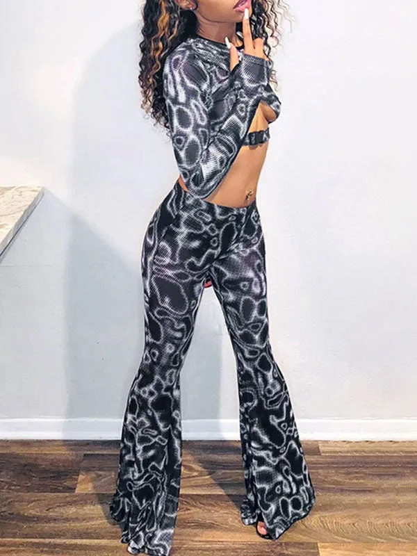Abstract Print See Through Flared Pants