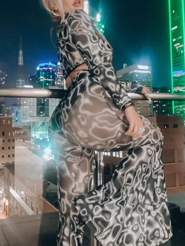 Abstract Print See Through Flared Pants