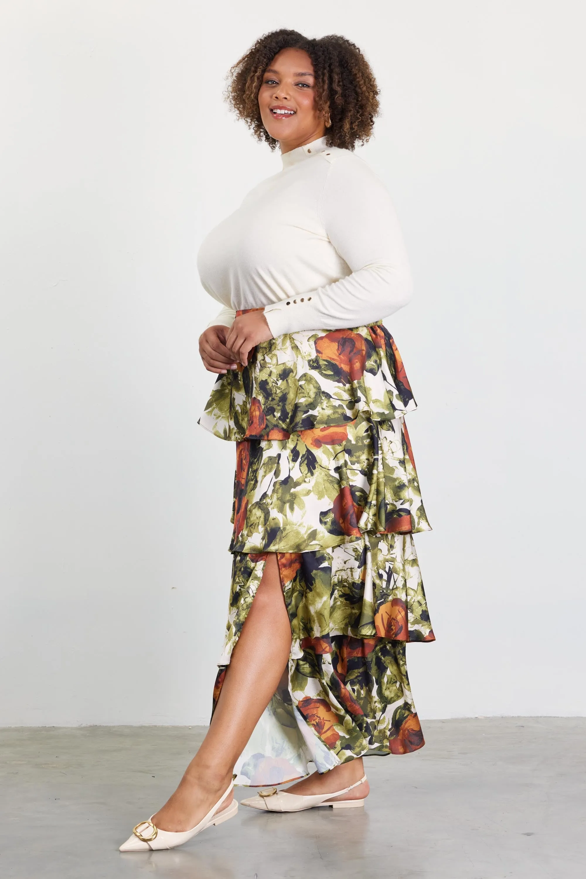 ABSTRACT ROSE TIERED MAXI SKIRT