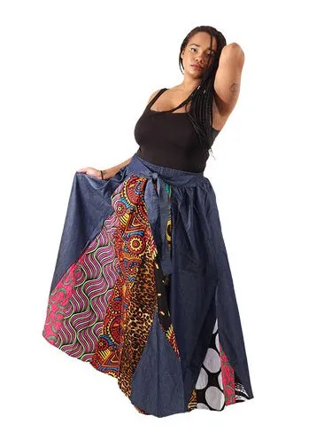 African Print Denim Maxi Skirt