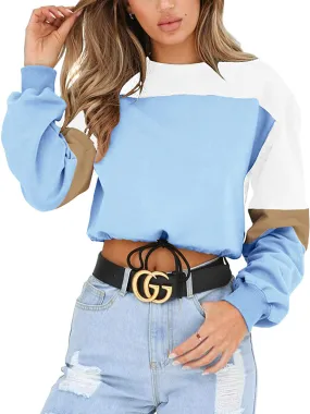 Angashion Womens Sweatshirt-Long Sleeve Drawstring Hem Color Block Crop Top Pullover Tops