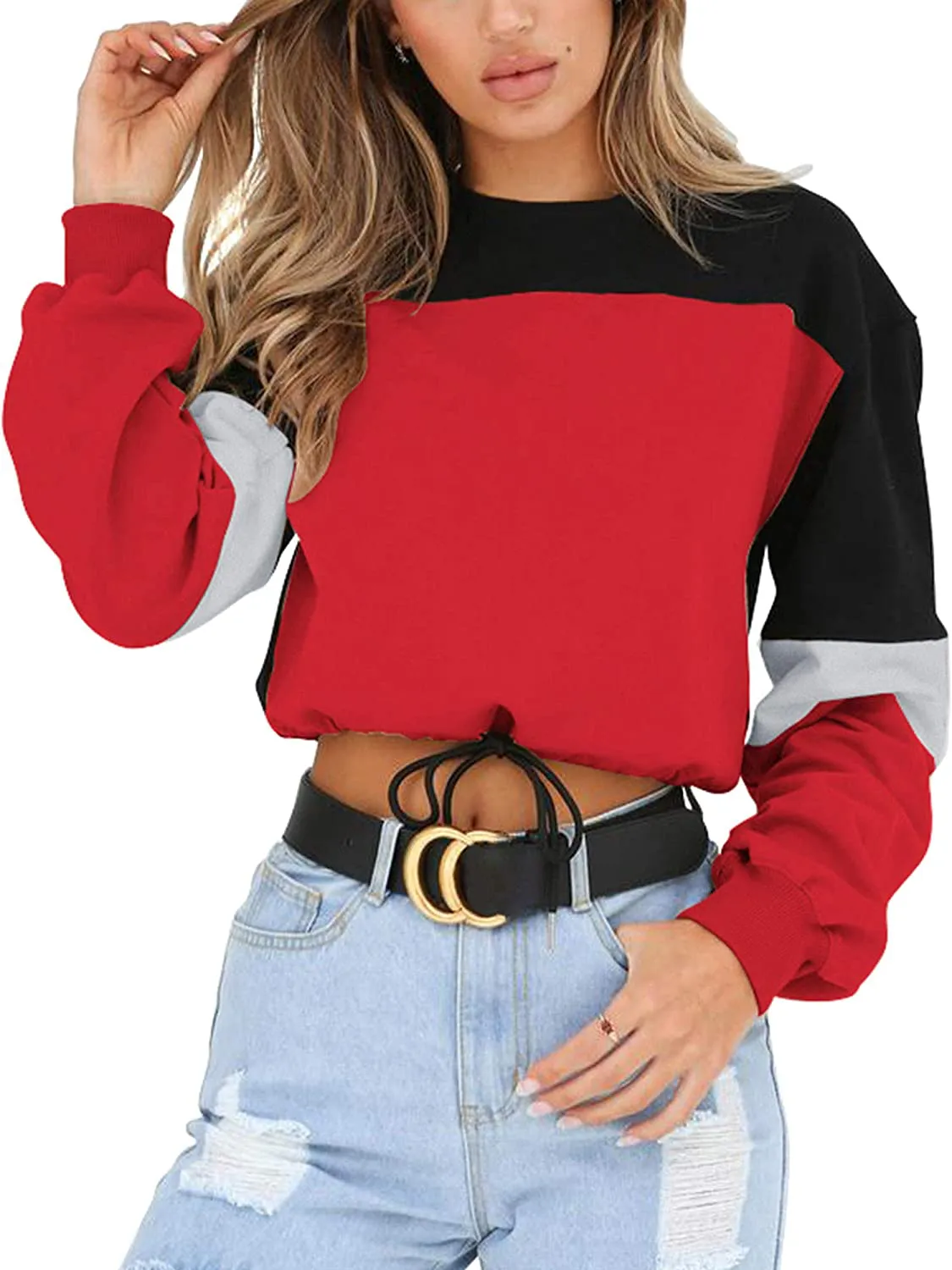 Angashion Womens Sweatshirt-Long Sleeve Drawstring Hem Color Block Crop Top Pullover Tops