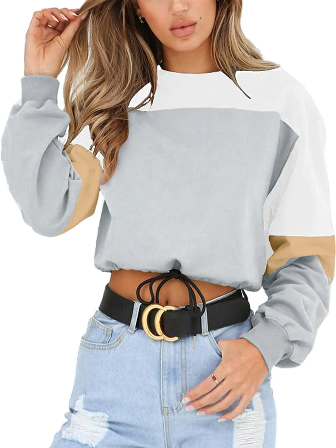 Angashion Womens Sweatshirt-Long Sleeve Drawstring Hem Color Block Crop Top Pullover Tops