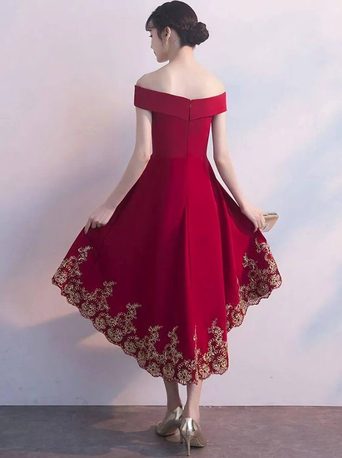 Beautiful Red High Low Party Dress With Gold Applique Stylish Formal Dress Cute Party Dress Homecoming Dress