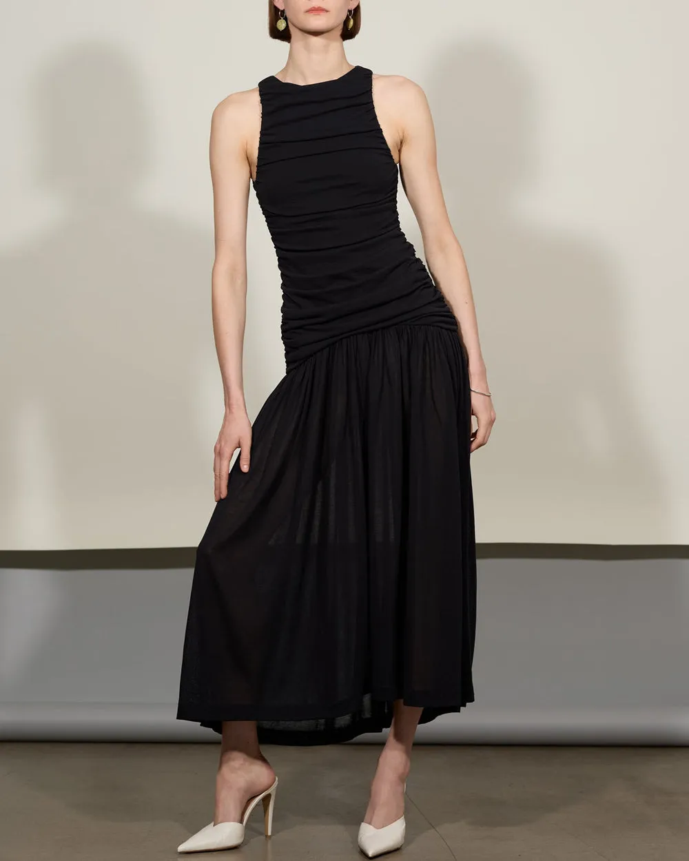 Black Evidente Shoulder Ruched Black Maxi Dress