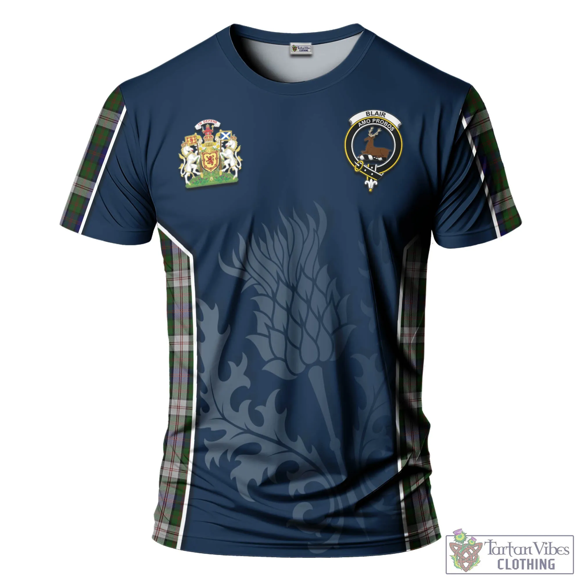 Blair Dress Tartan T-Shirt with Family Crest and Scottish Thistle Vibes Sport Style