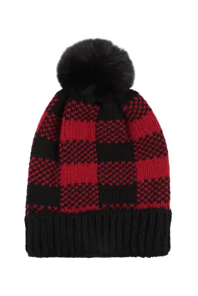 BUFFALO PLAID POMPOM KNIT BEANIE