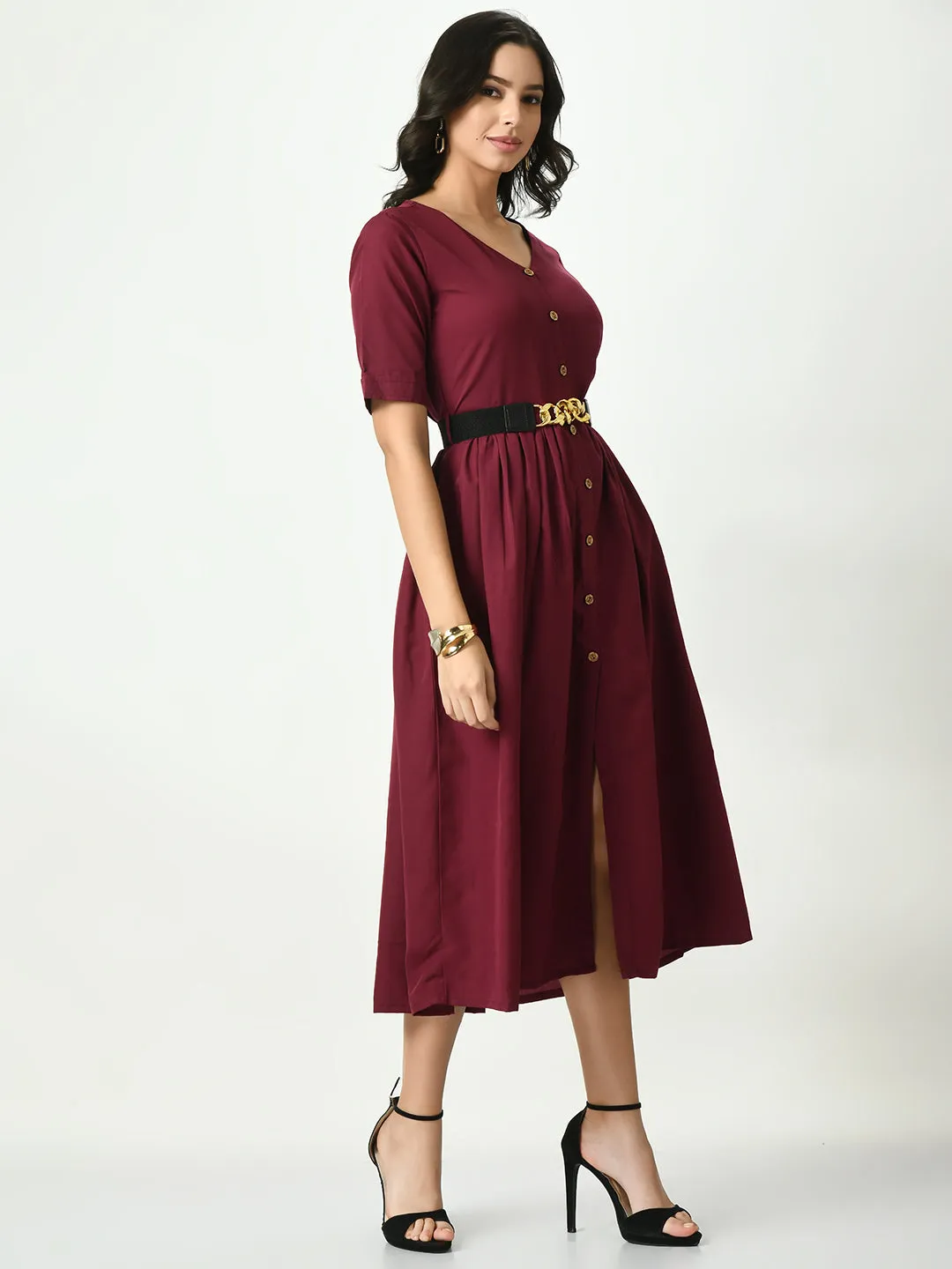 Burgundy Stylish Midi Dress For Womens