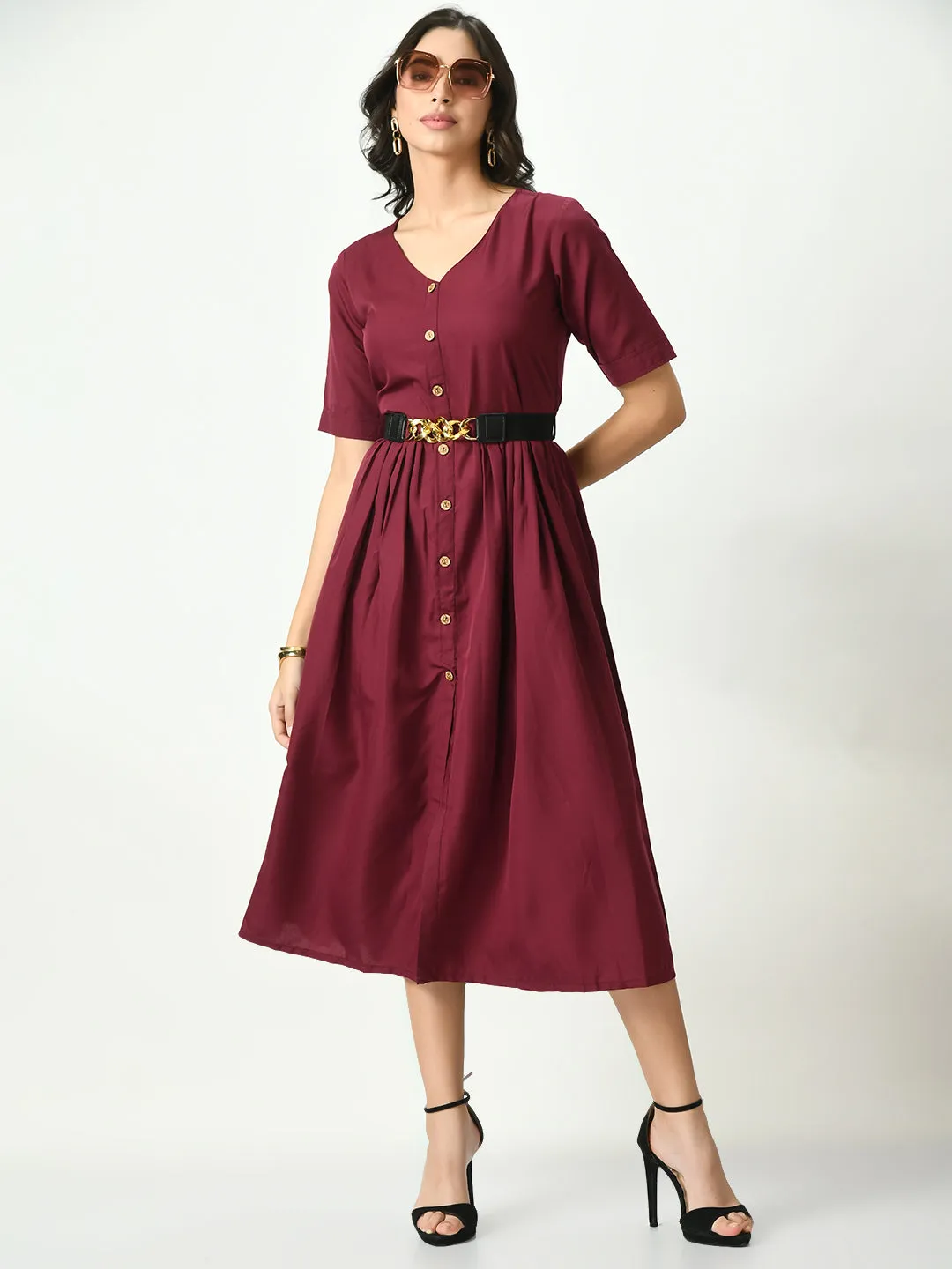 Burgundy Stylish Midi Dress For Womens