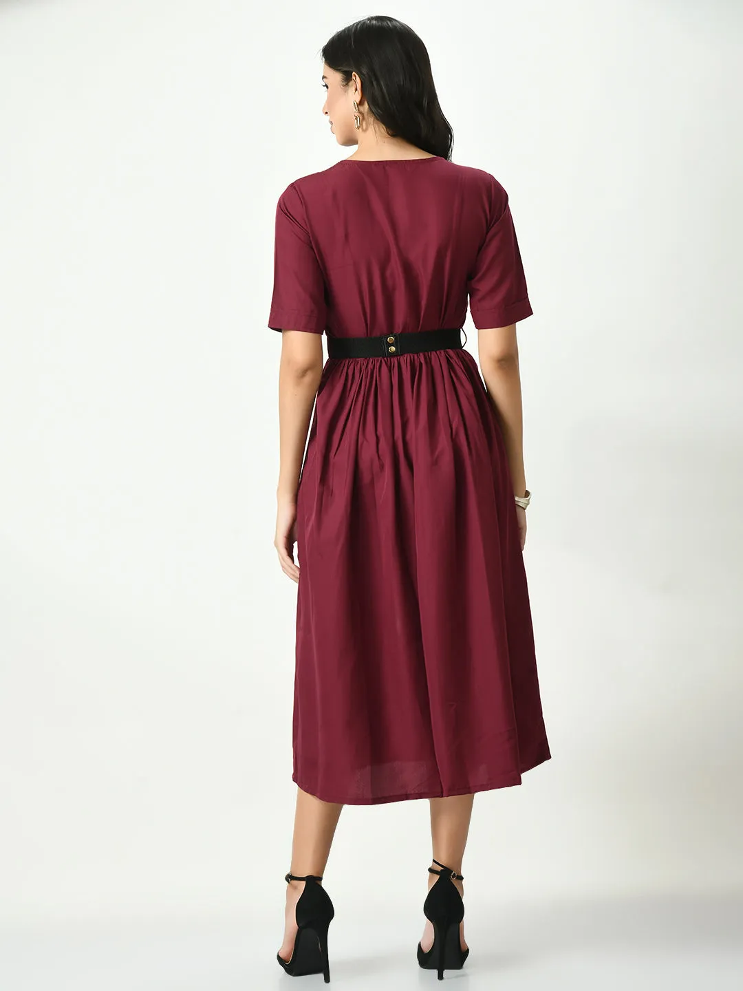 Burgundy Stylish Midi Dress For Womens