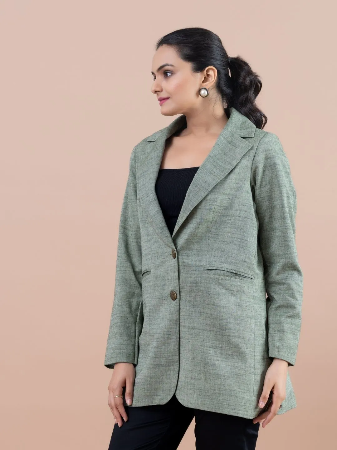 classic pure cotton lapel collared button down , full sleeve jacket with oxidised metal buttons. - Green