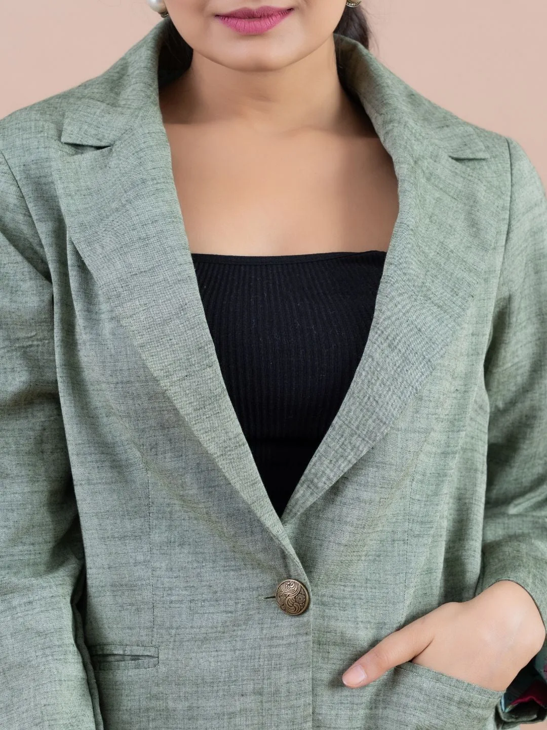 classic pure cotton lapel collared button down , full sleeve jacket with oxidised metal buttons. - Green