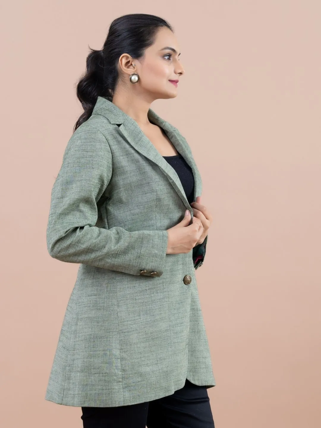 classic pure cotton lapel collared button down , full sleeve jacket with oxidised metal buttons. - Green