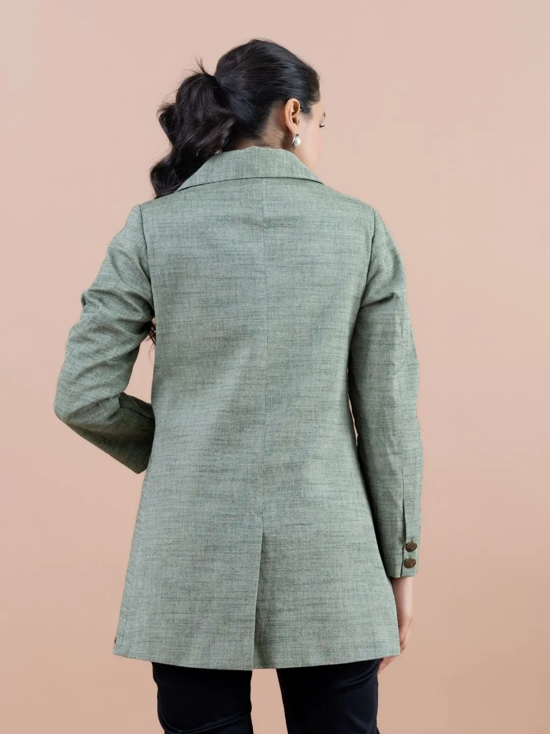 classic pure cotton lapel collared button down , full sleeve jacket with oxidised metal buttons. - Green