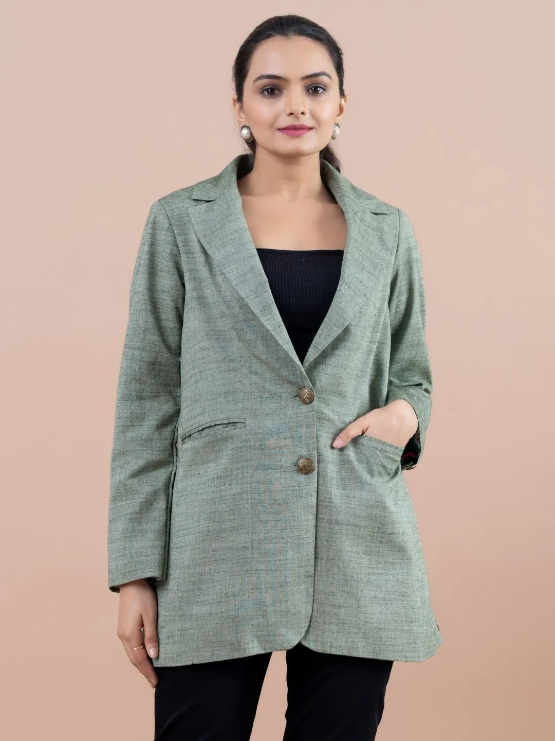 classic pure cotton lapel collared button down , full sleeve jacket with oxidised metal buttons. - Green