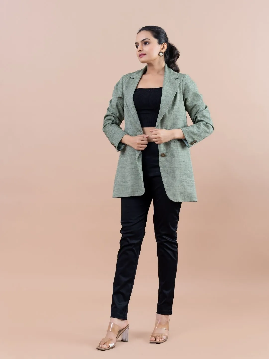 classic pure cotton lapel collared button down , full sleeve jacket with oxidised metal buttons. - Green