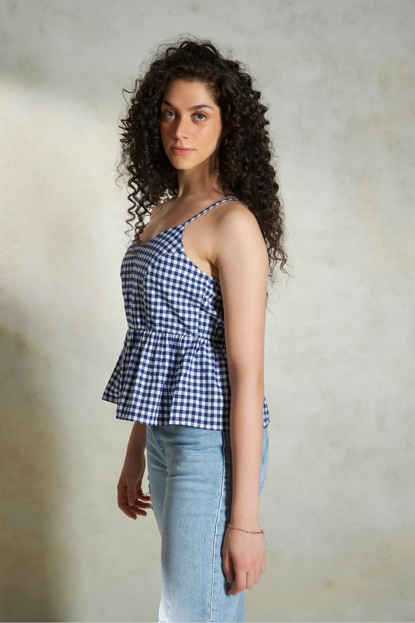 Cleo Top|Checked Peplum Cotton Top
