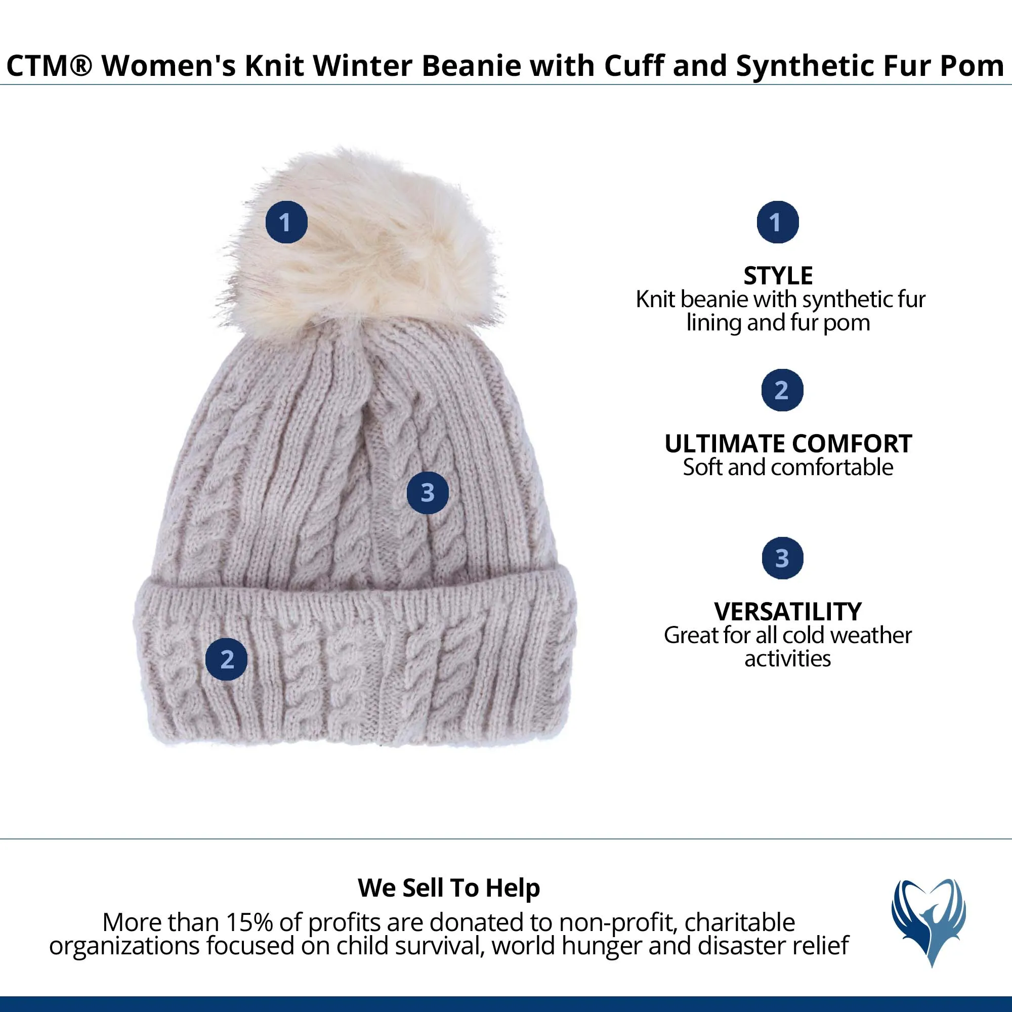 CTM® Women's Knit Winter Beanie with Cuff and Synthetic Fur Pom