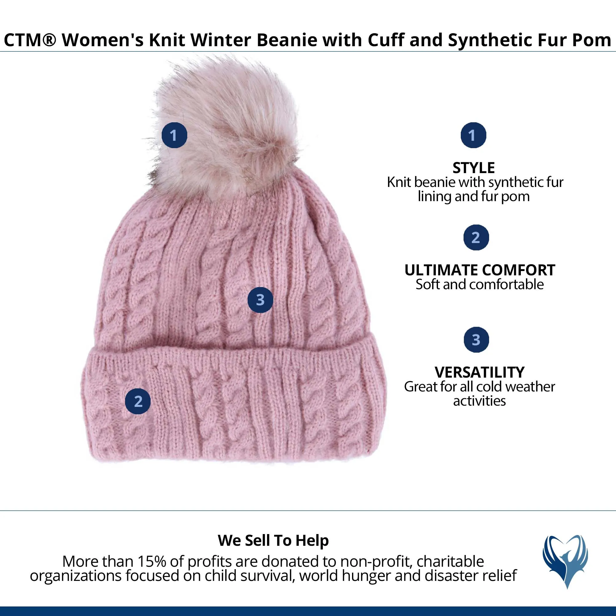 CTM® Women's Knit Winter Beanie with Cuff and Synthetic Fur Pom