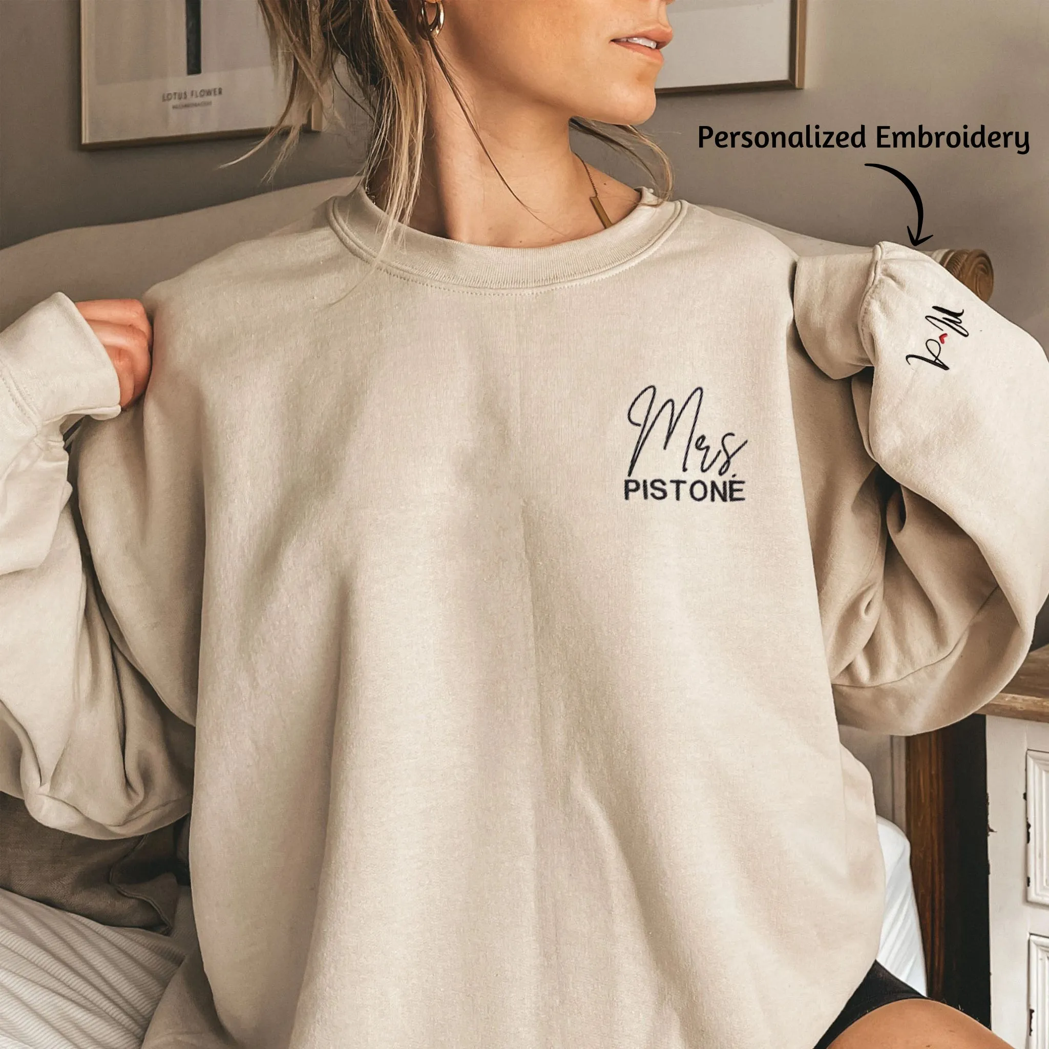 Custom Embroidered Mr and Mrs Sweatshirt,Personalized Just Married Crewneck With Initial On Sleeve