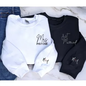 Custom Embroidered Mr and Mrs Sweatshirt,Personalized Just Married Crewneck With Initial On Sleeve