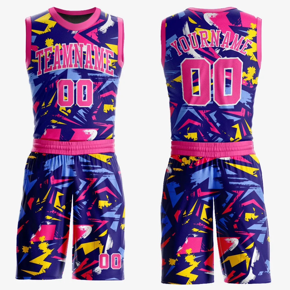 Custom Figure Pink-Gold Music Festival Round Neck Sublimation Basketball Suit Jersey