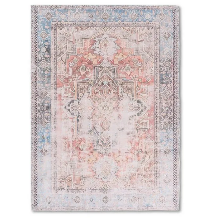 Distressed Blue Orange Washable Rug