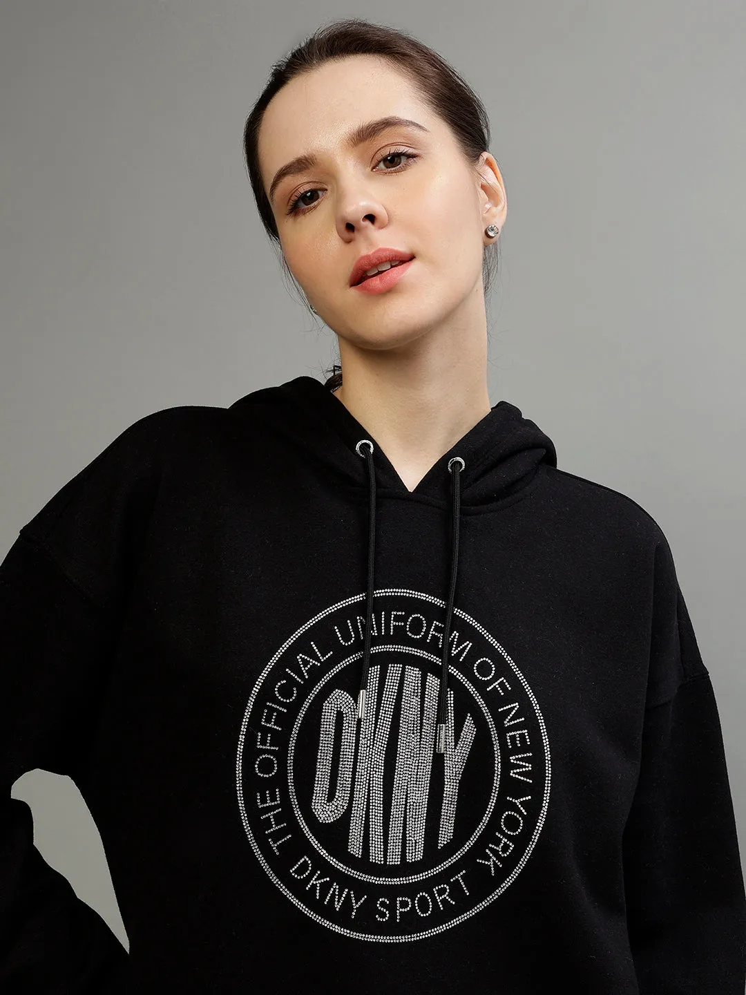 Dkny Women Printed Hooded Full Sleeves Sweatshirt