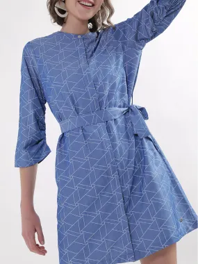 Elle Women Blue Printed Band Collar Dress