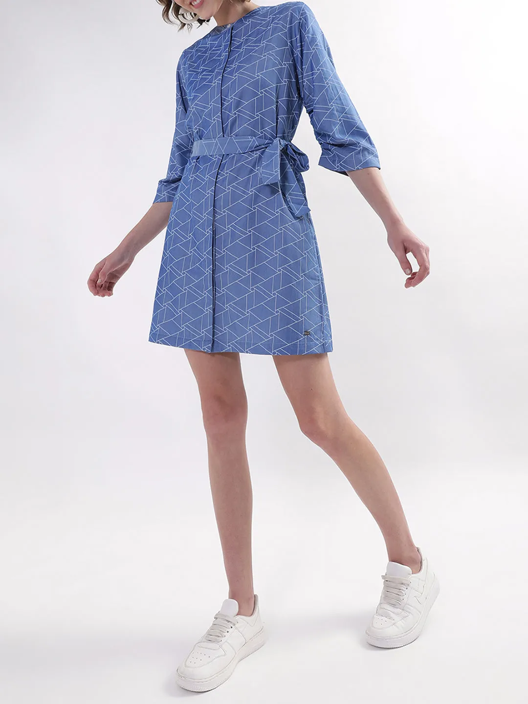 Elle Women Blue Printed Band Collar Dress