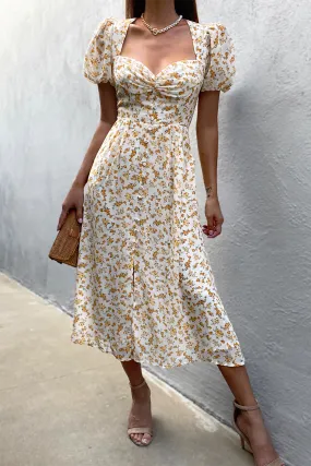 Eloise - Yellow Floral Puff Sleeve Sweetheart Neck Midi Dress