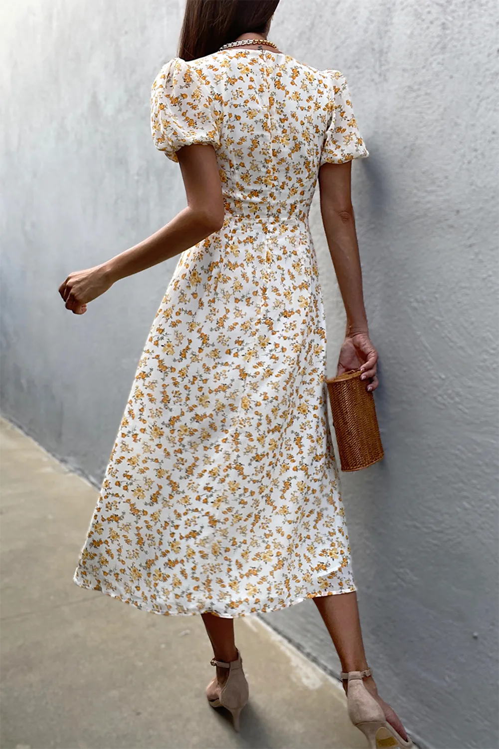 Eloise - Yellow Floral Puff Sleeve Sweetheart Neck Midi Dress