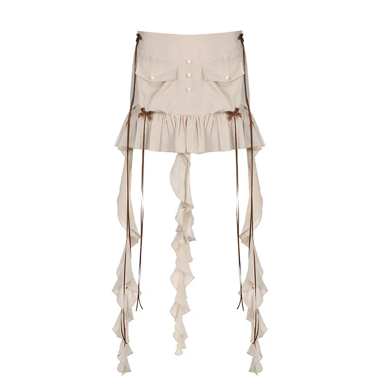 European and American Low Waist Solid Color Bow Pleated Mini Skirt