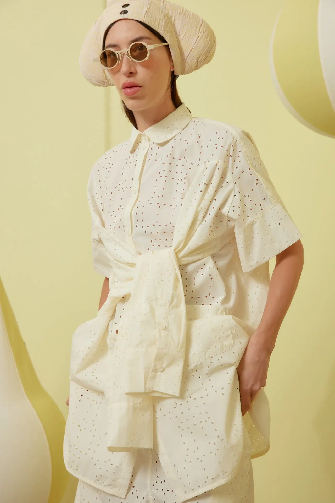 Fold Shirt Dress - White Punched Boxed