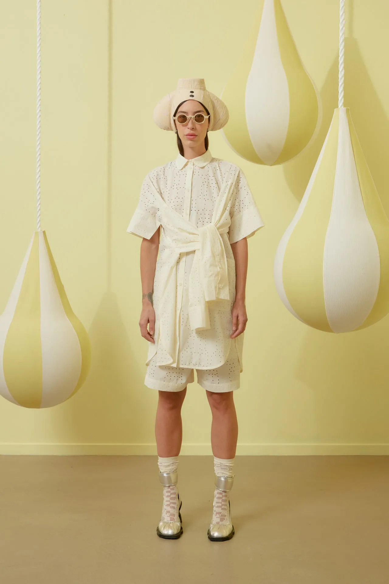 Fold Shirt Dress - White Punched Boxed