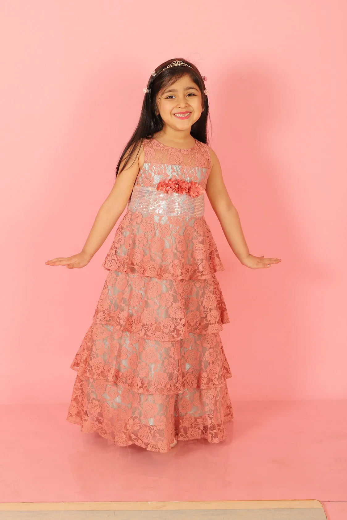 Girl's Stylish Layered Gown-Dusty Pink - Lil Peacock