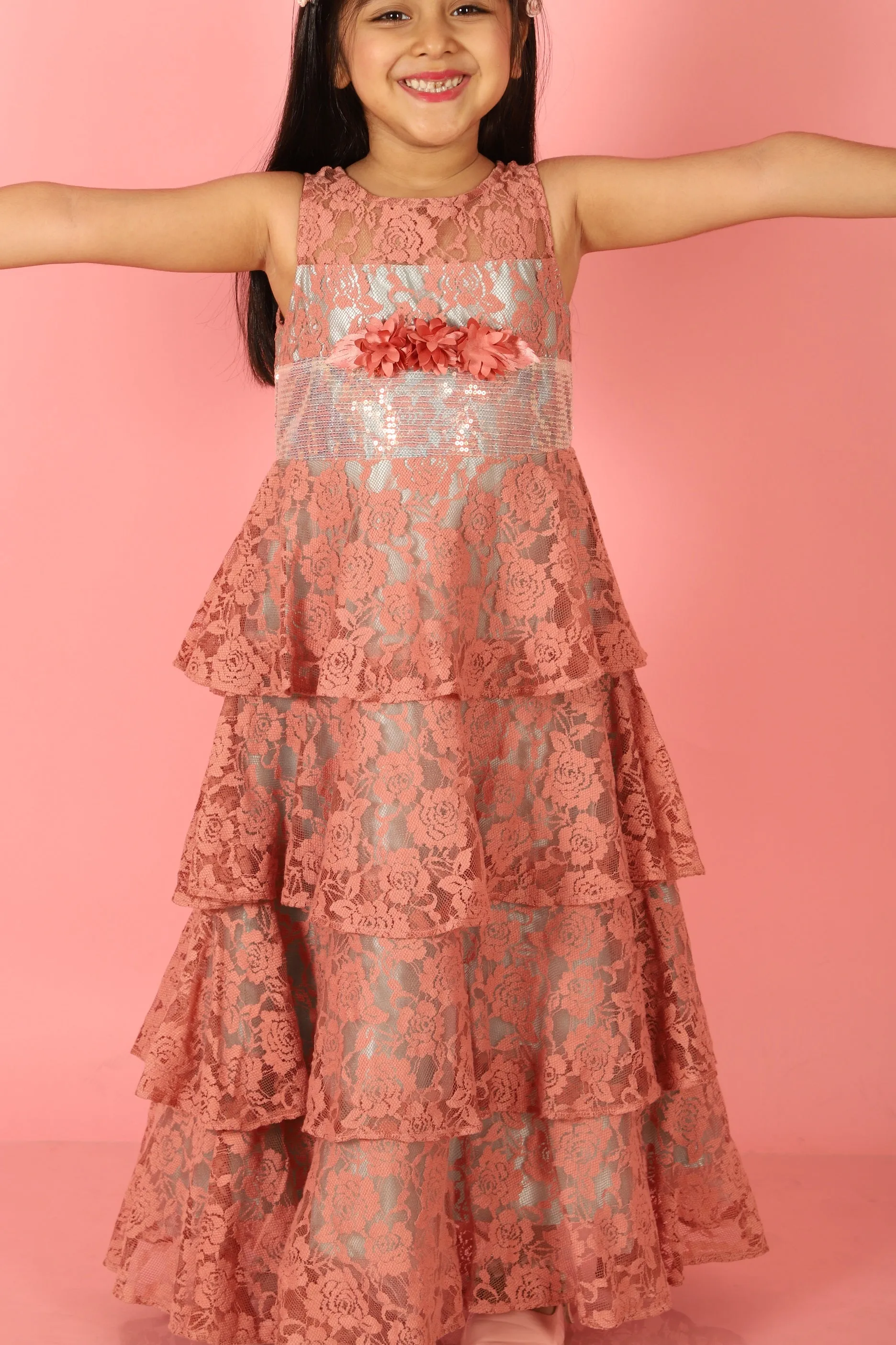 Girl's Stylish Layered Gown-Dusty Pink - Lil Peacock