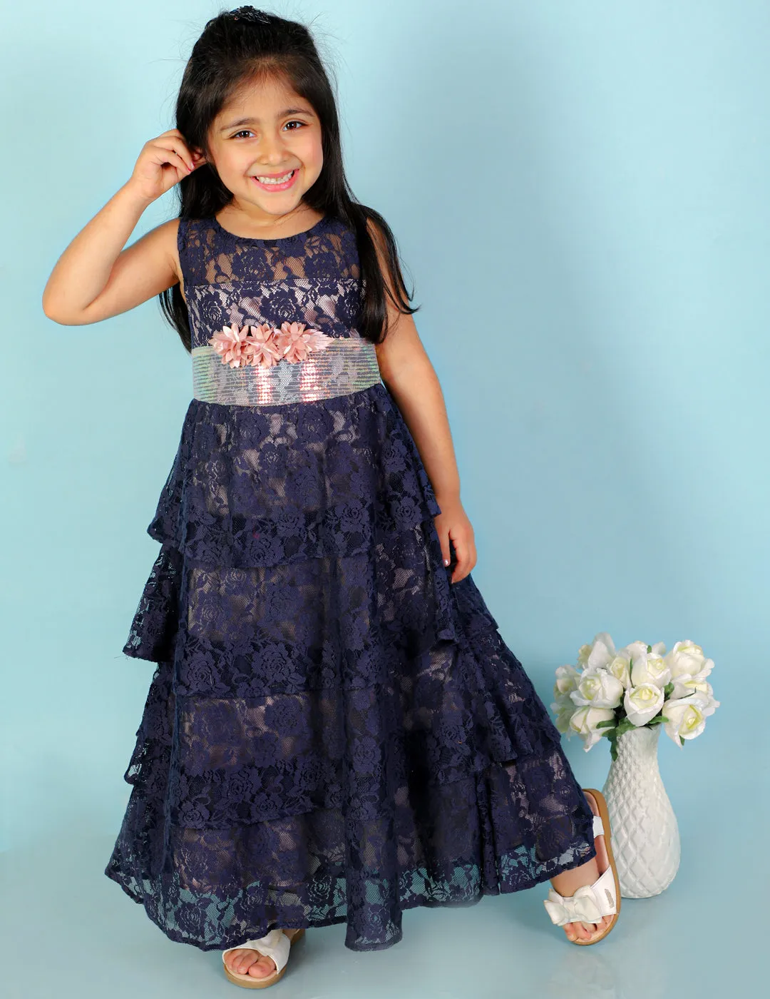 Girl's Stylish Layered Gown-Navy Blue - Lil Peacock